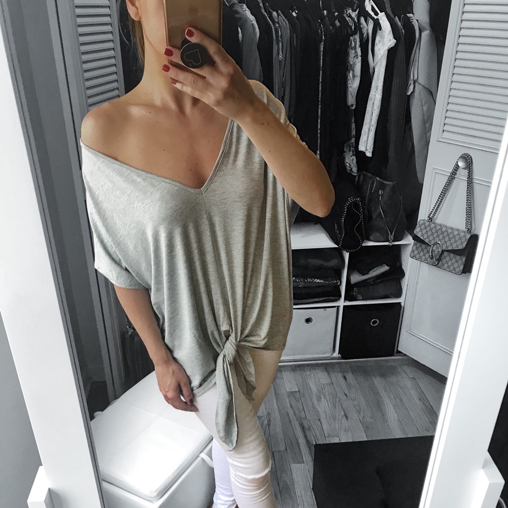LAST 3✨Heather Gray Solid Loose Fit Tie Top - Picture 2 of 8